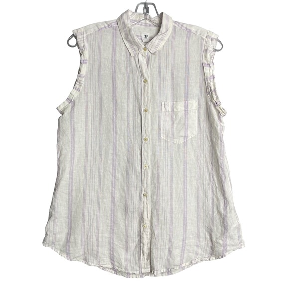 Gap Top Womens M 100% Linen White Purple Stripe Sleeveless Button Front Preppy - Picture 1 of 7